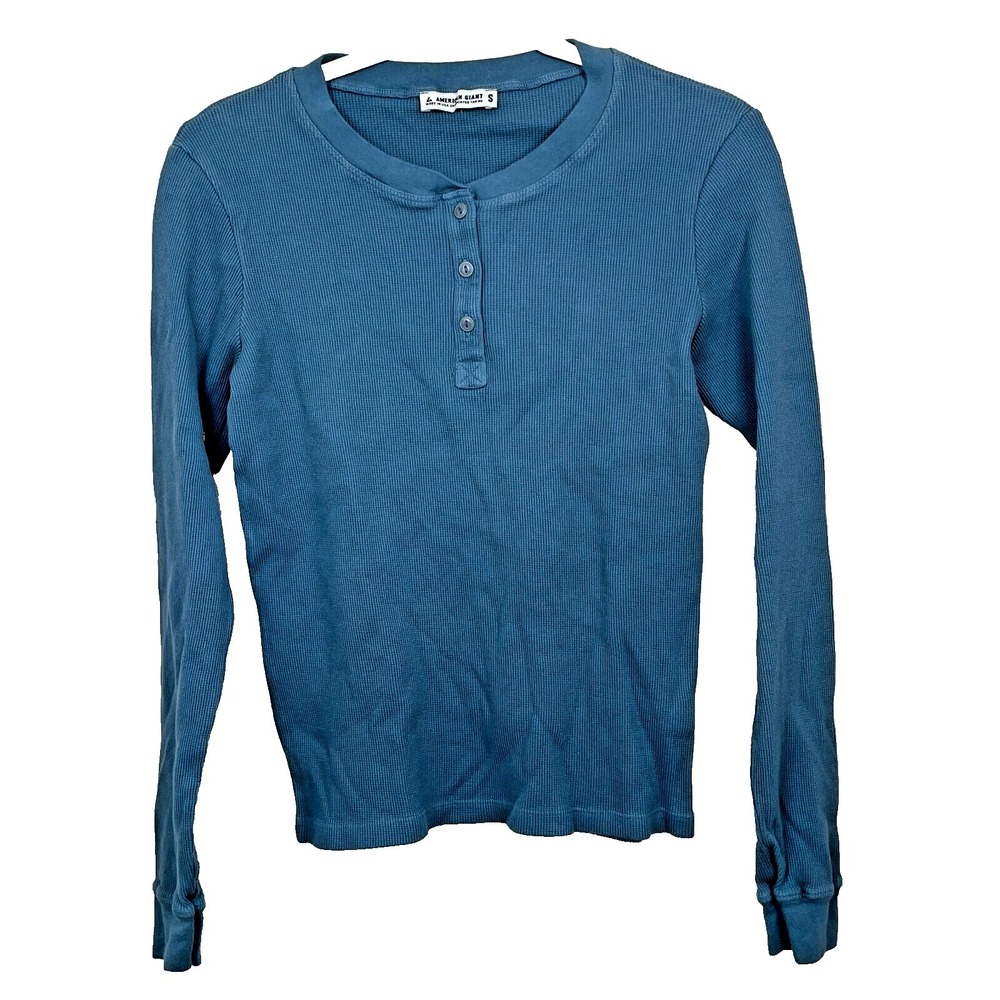 American Giant Waffle Knit Henley Shirt Women Small Blue Long Sleeve Top Utility